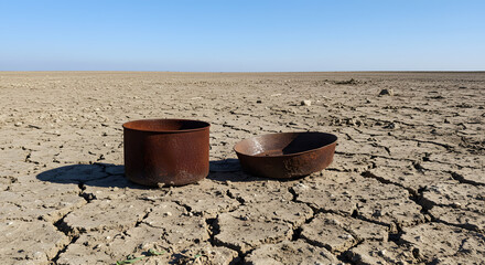 Naklejka premium usty Tin and Pan Abandoned on Parched Land