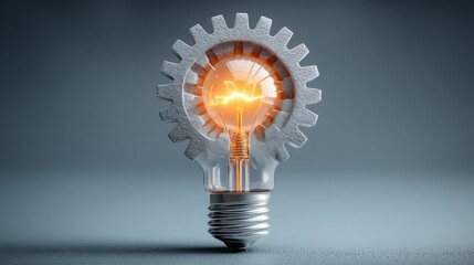 Corporate innovation icon concept representing abstract gear and light symbolizing creativity and technological progress