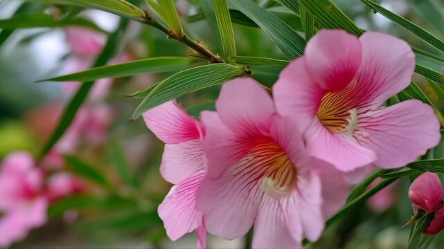 Delicate pink oleander flowers blooming on a tree branch with lush green leaves in a garden setting, soft background.
