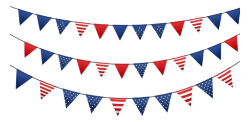 Patriotic bunting american flag colors with red white blue triangular pennants decoration isolated on a transparent background