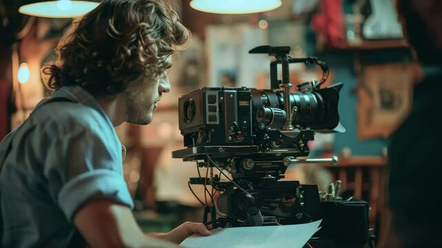 Creative filmmaker working meticulously behind camera in vintage studio with warm lighting