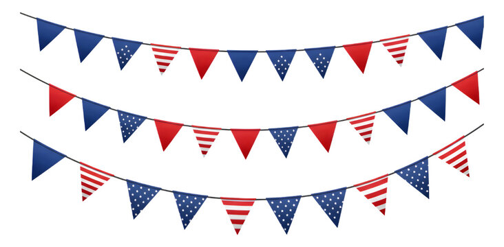 Patriotic bunting american flag colors with red white blue triangular pennants decoration isolated on a transparent background