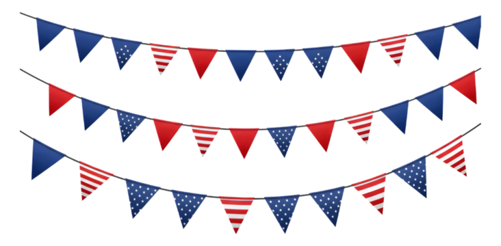 Patriotic bunting american flag colors with red white blue triangular pennants decoration isolated on a transparent background