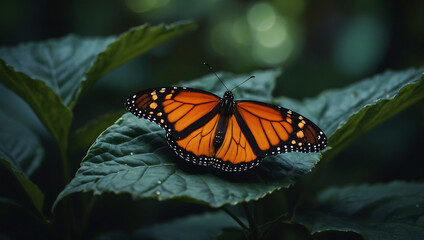 Monarch Butterfly on Leaf at Twilight