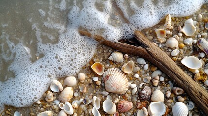 Beach with driftwood and scattered seashells