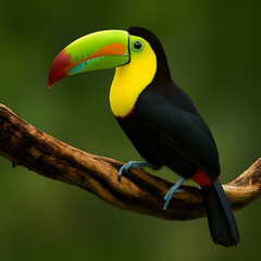 Fototapeta premium Colorful keel-billed toucan perched on tree branch with vibrant green background, exotic tropical bird with large rainbow beak in wildlife nature photography for animal lovers