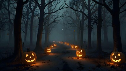 Halloween night in a haunted forest, path lined with glowing jack-o'-lanterns, foggy atmosphere, twisted trees, scary background, 3D illustration.