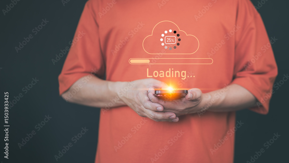Aufkleber Adult man holding a smartphone with a glowing orange cloud upload icon and loading progress bar, representing cloud computing, data transfer, internet of things, and digital technology.