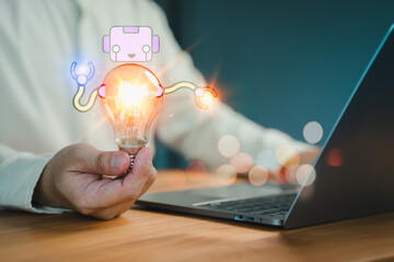 New generation person holding a glowing light bulb symbolizing AI innovation, with a robot and laptop suggesting creative technology ideas. Business global internet connection application technology.
