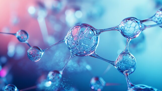 Macro image of cell membrane structure with abstract molecular pattern, close-up of air bubbles and liquid substances representing biology, chemistry, and physics concepts in scientific visualization

