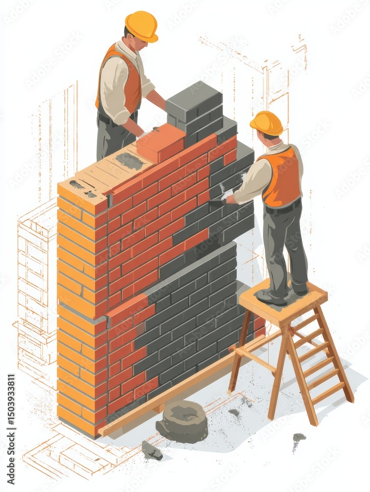 Fototapete Brick Laying Tutorial Concept Showing Two Workers Constructing a Wall Using Bricks and Mortar in a Construction Environment