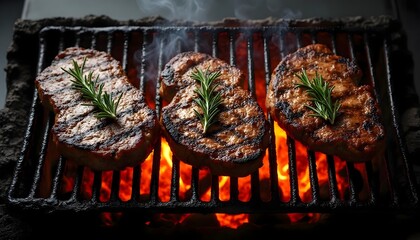 Grilled Meat Steaks with Rosemary on Flaming Barbecue Grill
