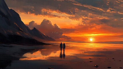 Couple walking along a quiet sunset beach