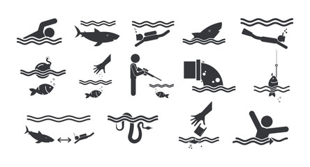 Bundle pictograms of water, sea, and river safety icons including swim, fishing, polluted water, diving, sharks, snakes, currents.