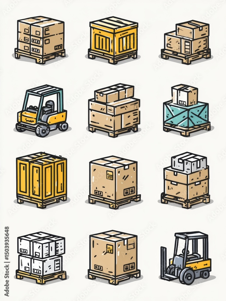 Poster logistics icons featuring pallets and boxes illustrating efficient supply chain management and stora