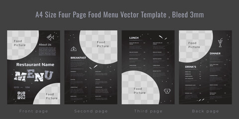 Restaurant cafe menu, template design, A4 size four page food menu template, Bleed 3mm
