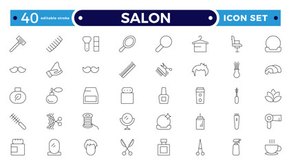Barber shop and salon outline icons set. Containing styling tools, scissors, comb, clipper, and more. Modern outline icons collection. Editable stroke outline icon.
