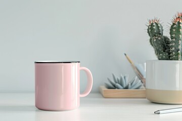 Enamel Mug Mockup with Workspace Accessories and a Succulent Plant on a White Table