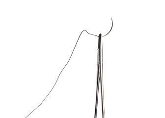 Close-up of a surgical needle threaded with non-absorbable suture. Sharp point and fine thread against a white background.