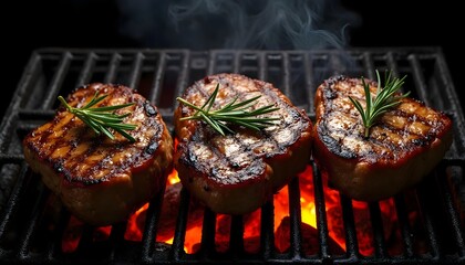 Grilled Meat Steaks with Rosemary on Flaming Barbecue Grill