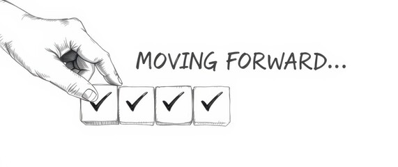 Hand pressing a checkmark on a square, symbolizing progress and completion, conveying moving forward concept.
