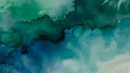Obraz premium Abstract watercolor painting with shades of blue and green creating a textured background