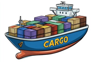 Cargo Ship loaded with containers. Cargo Ship isolated on white background. Freight Ship icon. Shipping Vessel. Large Container Ship. Maritime Transport Ship. Ocean Freight Ship on white Mockup.	