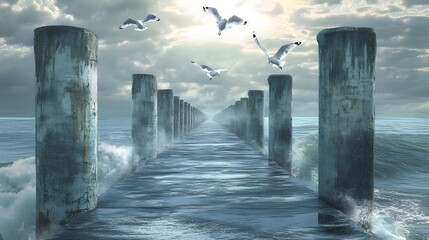 Long pier extending over a peaceful sea with seagulls flying