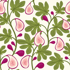 Seamless vector pattern with fig branches, fruits, and leaves. Hand-drawn pink figs and green foliage on a light background. Ideal for fabric, packaging, wallpaper, and botanical projects.