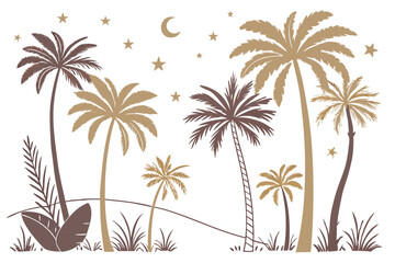 Silhouette tropical palms under crescent moon and stars vector illustration landscape