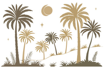 Obraz premium Tropical palm trees silhouette scene with moon and stars golden tones