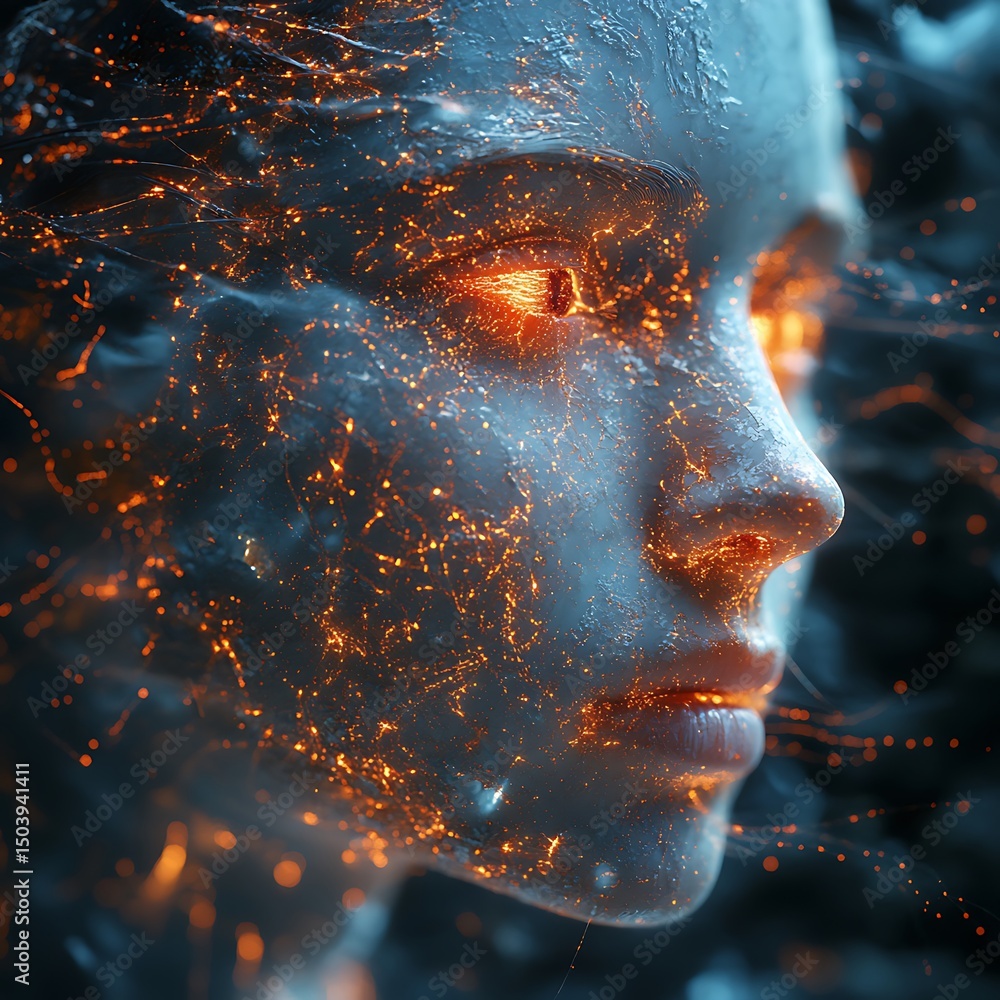 Aufkleber abstract artistic representation of a face glowing with orange light in a high resolution image