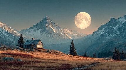 Full yellow moon in the sky behind an old hut in the evening in the mountains