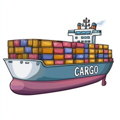 Cargo Ship loaded with containers. Cargo Ship isolated on white background. Freight Ship icon. Shipping Vessel. Large Container Ship. Maritime Transport Ship. Ocean Freight Ship on white Mockup.	