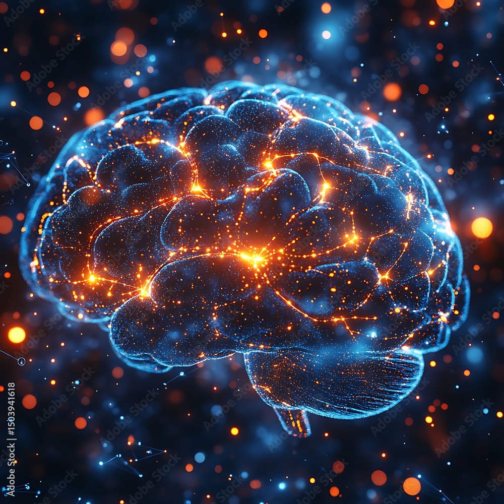 Aufkleber abstract depiction of a human brain with glowing neural network pathways and connections high resolu