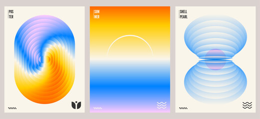 Hello Summer posters. Abstract gradient cover background set with beach, seashell, sun, wave. Trendy vibrant gradient layout template for social media, app, banner, card, promotion design. Vector © Olga Tsikarishvili