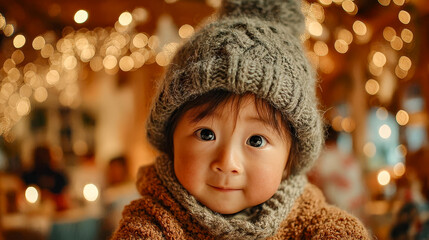 Asian baby with chubby cheeks and curious eyes, wearing a cozy knitted hat and sweater