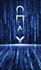 A futuristic digital background featuring abstract symbols and glowing lines, creating sense of technology and innovation. blue tones enhance modern aesthetic