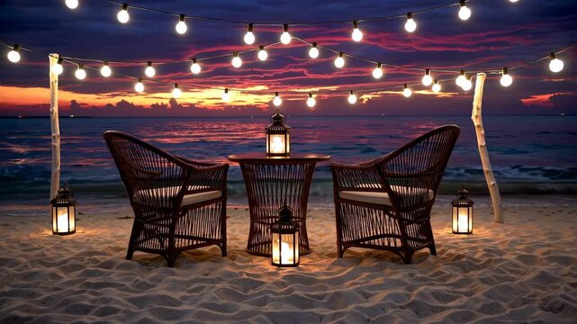 Sunset beach setting with glowing table and lanterns evokes romantic exclusivity desire harmony elegant love relationship vibe