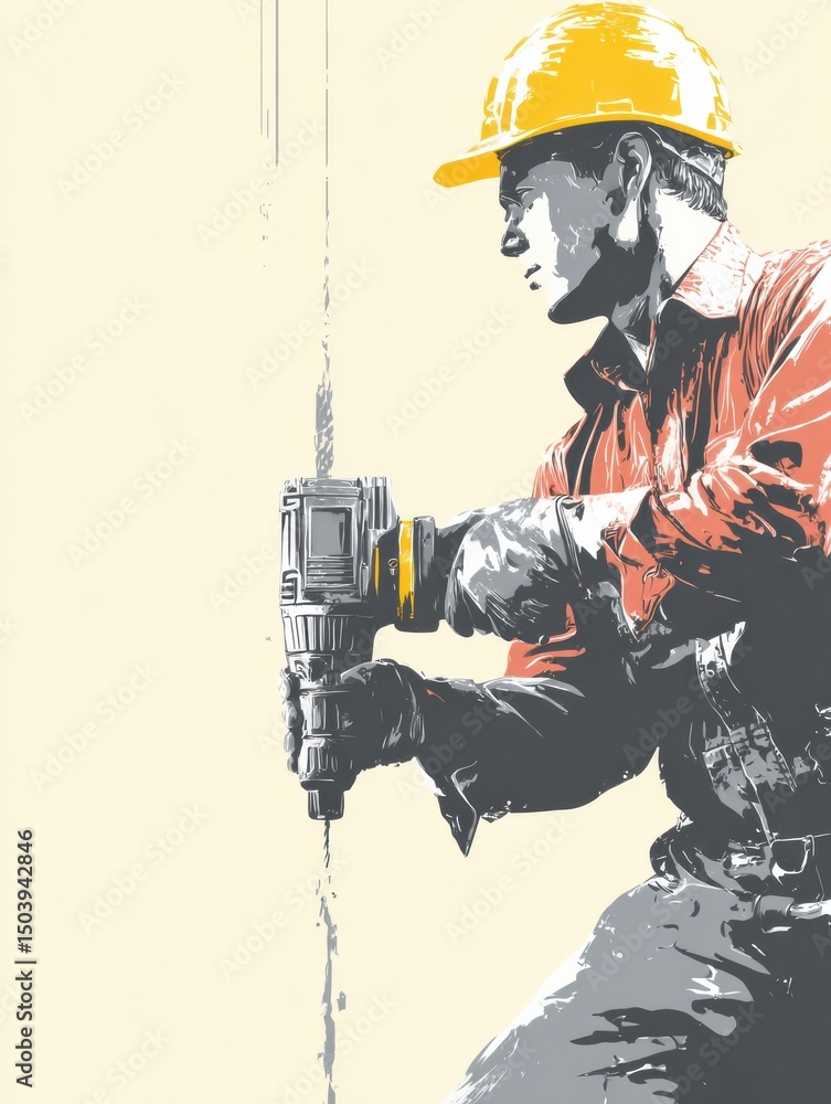 Aufkleber worker using a drill with a helmet on a light background showcasing construction activity and effort