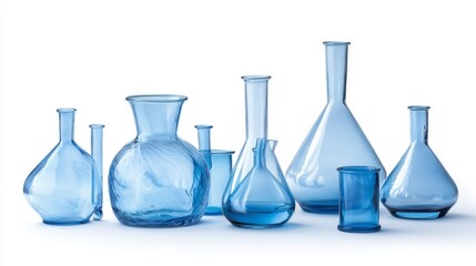 Set of clean laboratory glassware filled with blue chemical solution on white background for scientific research and medical analysis concepts
