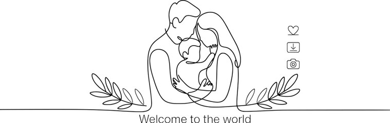 Happy family welcoming new baby line art illustration