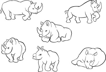 Hand drawn black and white ink rhinoceros illustration collection with detailed expressive poses