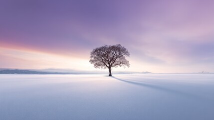 Trees in a snowy scene at sunrise, symmetrical composition, shining with golden light, shadows stretching on the ground. Warm tones and serene wide-angle shooting.