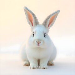 Obraz premium Ultra HD Photorealistic Portrait of a Cute White Bunny Rabbit with Big Ears and Fluffy Fur, Warm Golden Hour Lighting on White Background