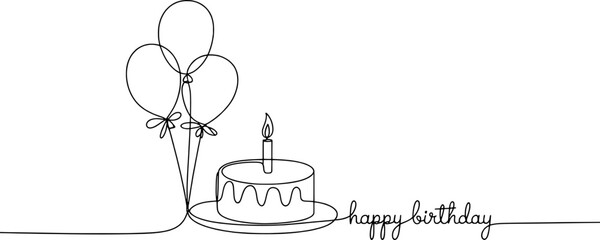 Happy birthday cake balloons line art illustration