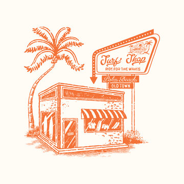 surf illustration shop graphic beach design tropical badge palm vintage summer