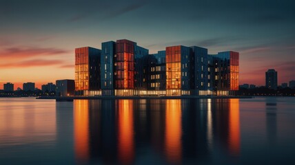 Obraz premium Modern apartment complex by the water at sunset. Colorful, modular architecture reflects in calm water. City skyline visible in the background