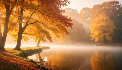 Autumnal Serenity Lake Embraced by Vibrant Trees and Whispering Mist Atmosphere