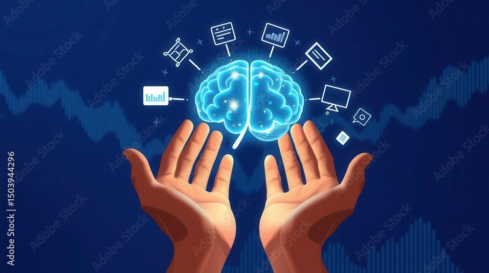 Poster hands presenting a glowing brain surrounded by digital information icons in a technological environm